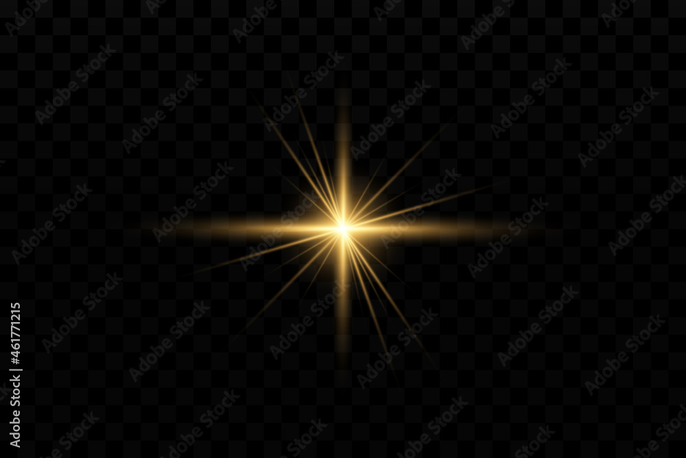 Light effect. Golden bright star, yellow sun. Starlight.