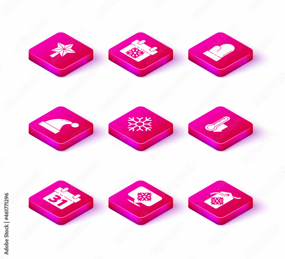 Set Calendar, Snowflake with speech bubble, Christmas Santa Claus hat, Price tag inscription Sale, Meteorology thermometer measuring, mitten and icon. Vector Set Calendar, Snowflake with speech bubble, Christmas Santa Claus hat, Price tag inscription Sale, Meteorology thermometer measuring, mitten and icon. Vector