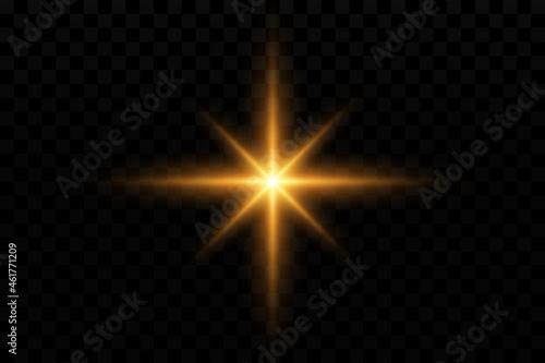 Light effect. Golden bright star, yellow sun. Starlight.