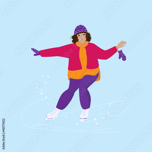A pretty chubby girl is skating on a winter ice skating rink. Active lifestyle in winter. Vector illustration in cartoon style.