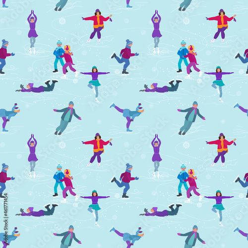 Seamless pattern with a winter plot. Figure skaters  girls and boys ride on an ice rink. Sports theme. Vector illustration in cartoon style.