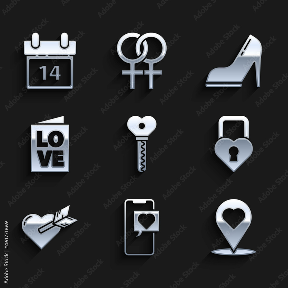 Set Key in heart shape, Smartphone with speech bubble, Map pointer, Castle the of, Amour and arrow, Valentines day party flyer, Woman shoe high heel and Calendar February 14 icon. Vector Set Key in heart shape, Smartphone with speech bubble, Map pointer, Castle the of, Amour and arrow, Valentines day party flyer, Woman shoe high heel and Calendar February 14 icon. Vector