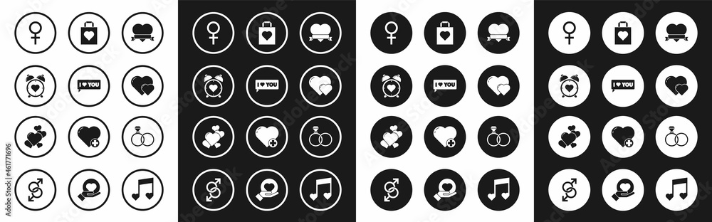 Set Heart and ribbon, Speech bubble with I love you, in the center alarm clock, Female gender symbol, Shopping bag heart, Wedding rings and icon. Vector