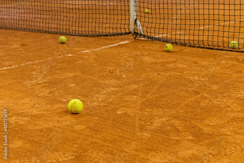 Tennis ball on the tennis court. Priming. Grid. Copy space for text.