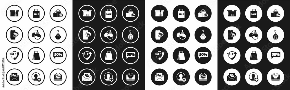 Set Shoping bag with discount, Perfume, Percent and phone, Carton cardboard box, Earring, Sale, Fifty percent tag and Telephone 24 hours support icon. Vector