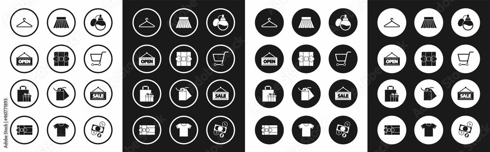 Set Perfume, Gift box, Hanging sign with Open, Hanger wardrobe, Shopping cart, Skirt, Sale and icon. Vector Set Perfume, Gift box, Hanging sign with Open, Hanger wardrobe, Shopping cart, Skirt, Sale and icon. Vector