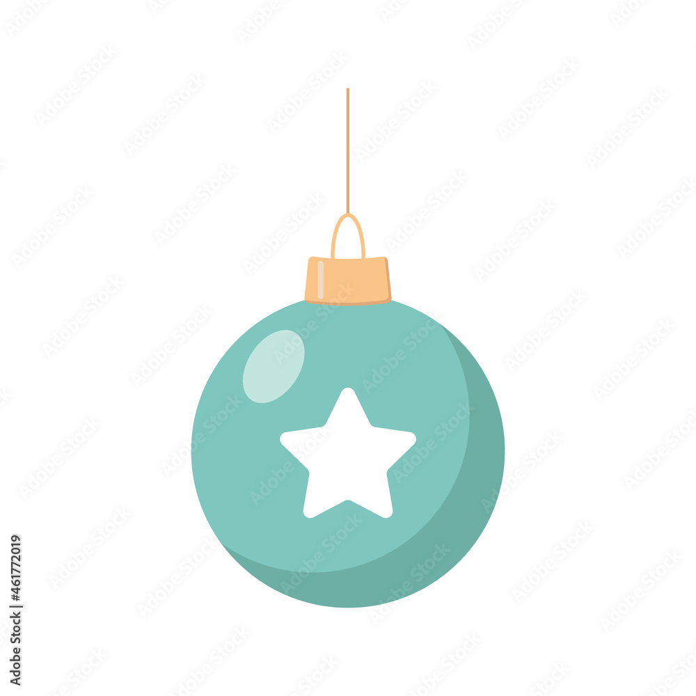 Fototapeta premium Christmas ball is a flat vector illustration on a white isolated background. blue Christmas ball toy with a star on a fir tree. icon, symbol of new year and Christmas