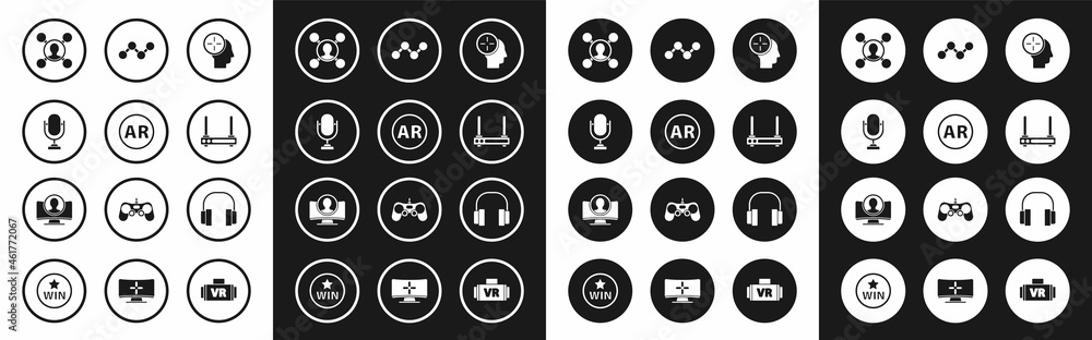 Set Head hunting concept, Ar, augmented reality, Microphone, Share, Router and wi-fi signal, Headphones and Create account screen icon. Vector