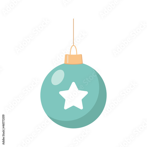 Christmas ball is a flat vector illustration on a white isolated background. blue Christmas ball toy with a star on a fir tree. icon, symbol of new year and Christmas