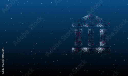 On the right is the bank symbol filled with white dots. Background pattern from dots and circles of different shades. Vector illustration on blue background with stars