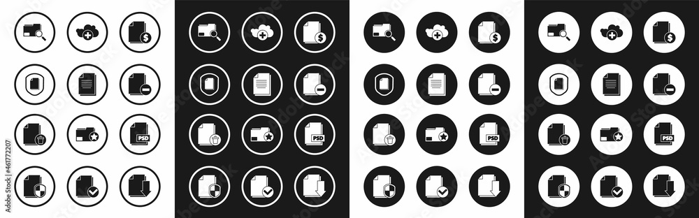 Set Finance document, Document, protection concept, Search with folder, minus, Add cloud, PSD file and Delete icon. Vector Set Finance document, Document, protection concept, Search with folder, minus, Add cloud, PSD file and Delete icon. Vector