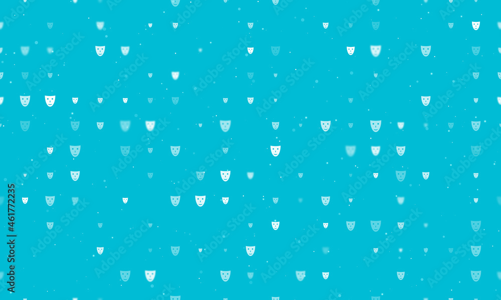 Seamless background pattern of evenly spaced white theatrical masks of different sizes and opacity. Vector illustration on cyan background with stars Seamless background pattern of evenly spaced white theatrical masks of different sizes and opacity. Vector illustration on cyan background with stars