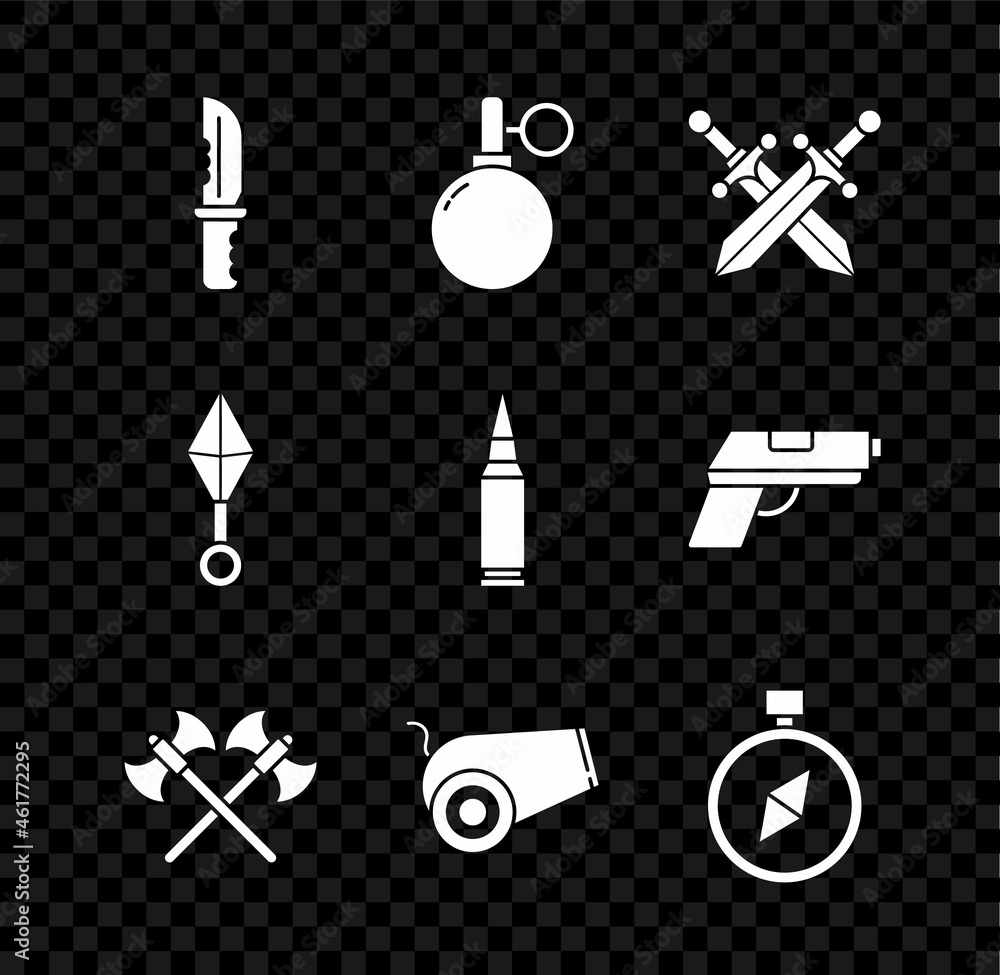 Set Military knife, Hand grenade, Crossed medieval sword, axes, Cannon, Compass, Japanese ninja shuriken and Bullet icon. Vector