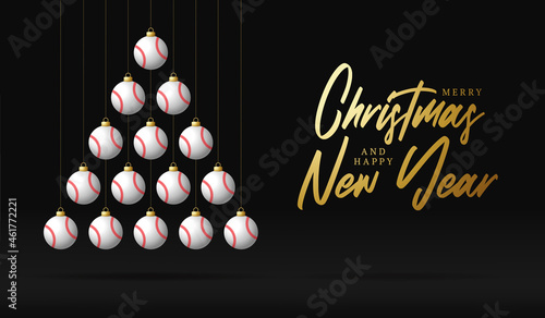 baseball Christmas and new year greeting card bauble tree. Creative Xmas tree made by baseball ball on black background for Christmas and New Year celebration. Sport greeting card