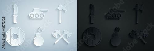 Set Bomb ready to explode, Medieval axe, Round wooden shield, Crossed medieval axes, Military tank and knife icon. Vector