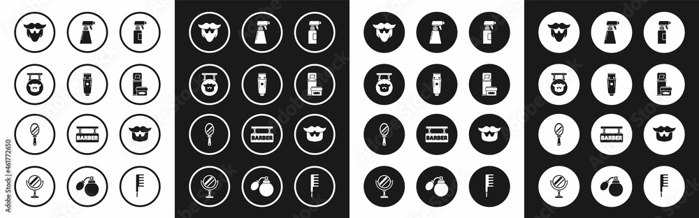 Set Hairdresser pistol spray bottle, Electrical hair clipper or shaver, Barbershop, Mustache and beard, Shaving gel foam, and Hand mirror icon. Vector