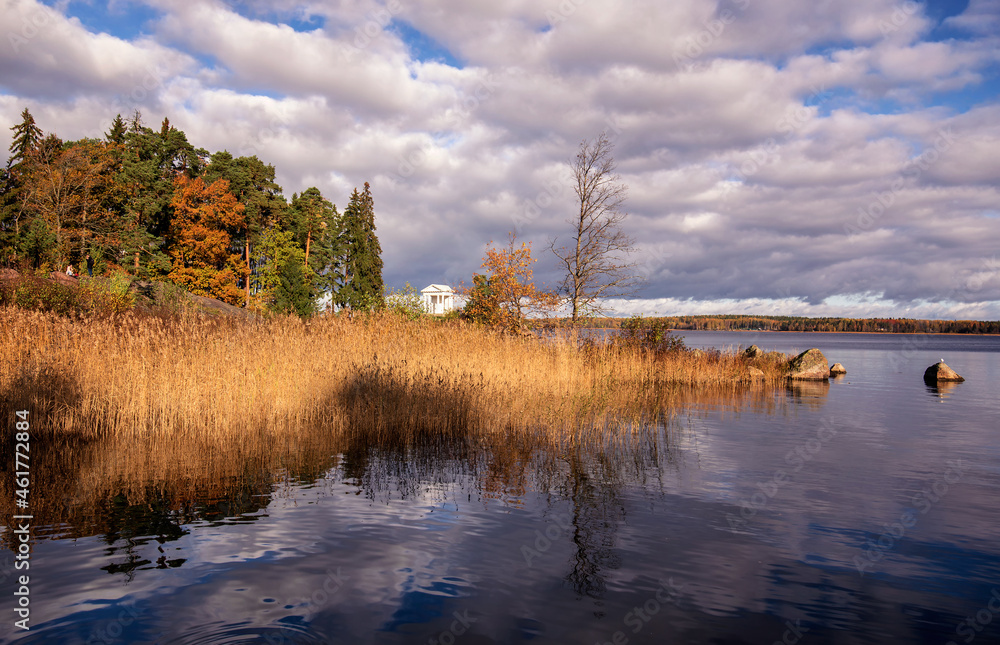 Fototapeta premium Autumn landscape with bay, trees and sky with clouds