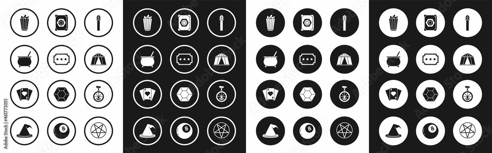 Set Magic staff, Ticket, Witch cauldron, Popcorn in box, Circus tent, Ancient magic book, Unicycle one wheel bicycle and Playing cards icon. Vector