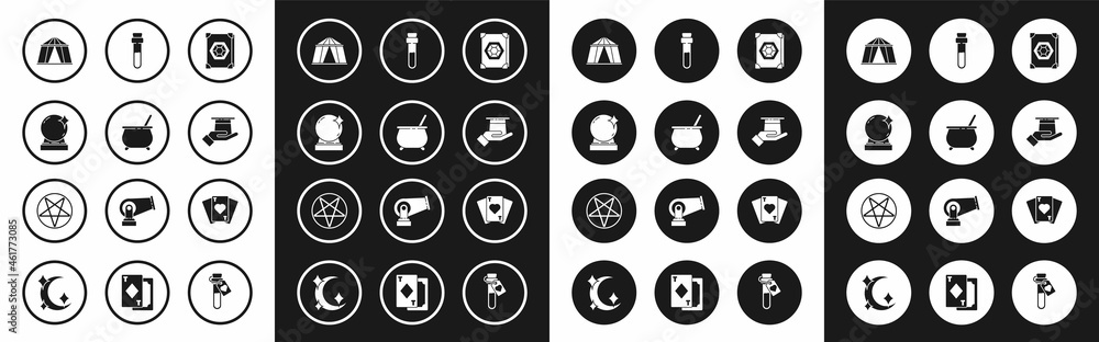 Set Ancient magic book, Witch cauldron, Magic ball, Circus tent, Magician hat in hand, Bottle with love potion, Playing cards and Pentagram circle icon. Vector