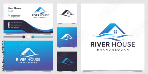 House logo with creative river concept Premium Vector