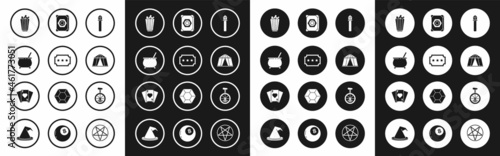 Set Magic staff, Ticket, Witch cauldron, Popcorn in box, Circus tent, Ancient magic book, Unicycle one wheel bicycle and Playing cards icon. Vector