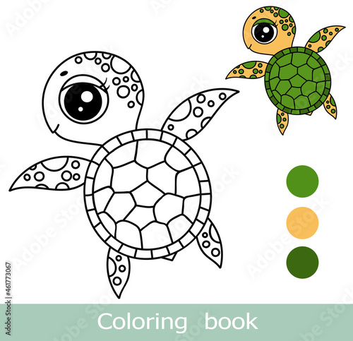 Cartoon turtle coloring book page with colorful template. Cute  turtle coloring book. Underwater ocean life, marine animal. Funny turtle isolated contour. Kids animals coloring book page. Worksheet.

