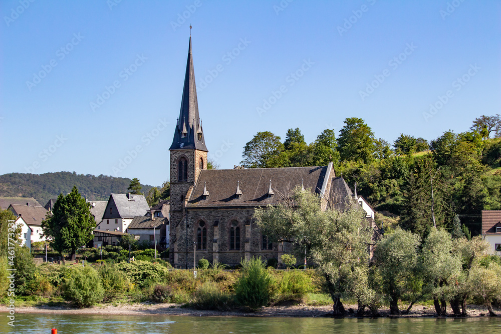 Small brown brick church landscape on the upper middle Rhine River near Braubach, Germany