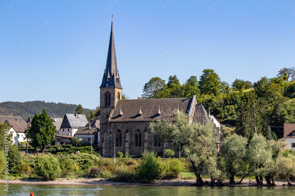 Small brown brick church landscape on the upper middle Rhine River near Braubach, Germany Small brown brick church landscape on the upper middle Rhine River near Braubach, Germany