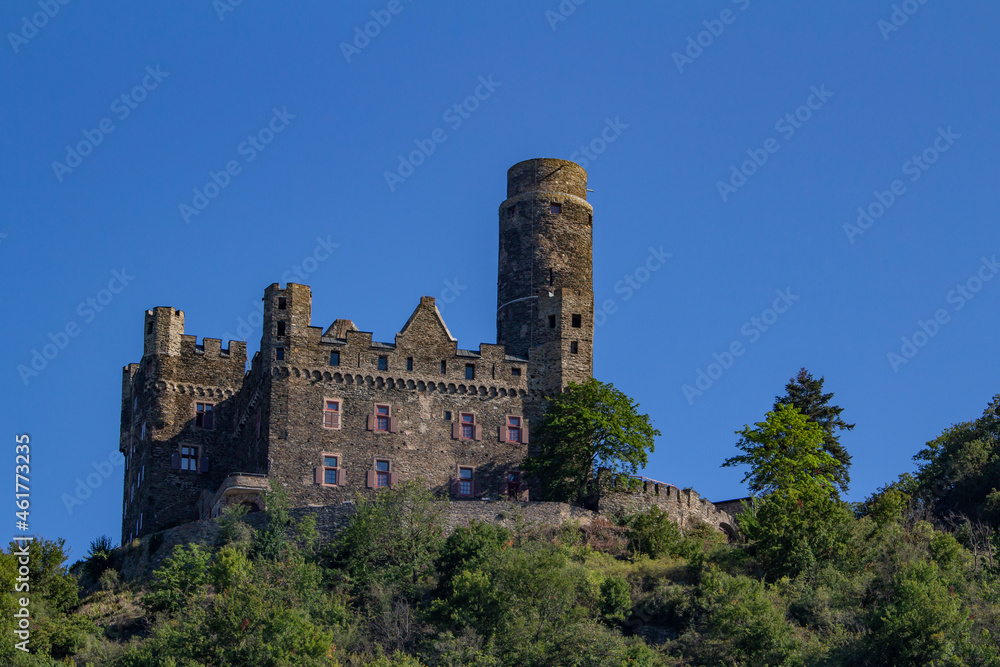 Maus Castle landscape on the upper middle Rhine River near Sankt Goarshausen, Germany. Also called Burg Maus.