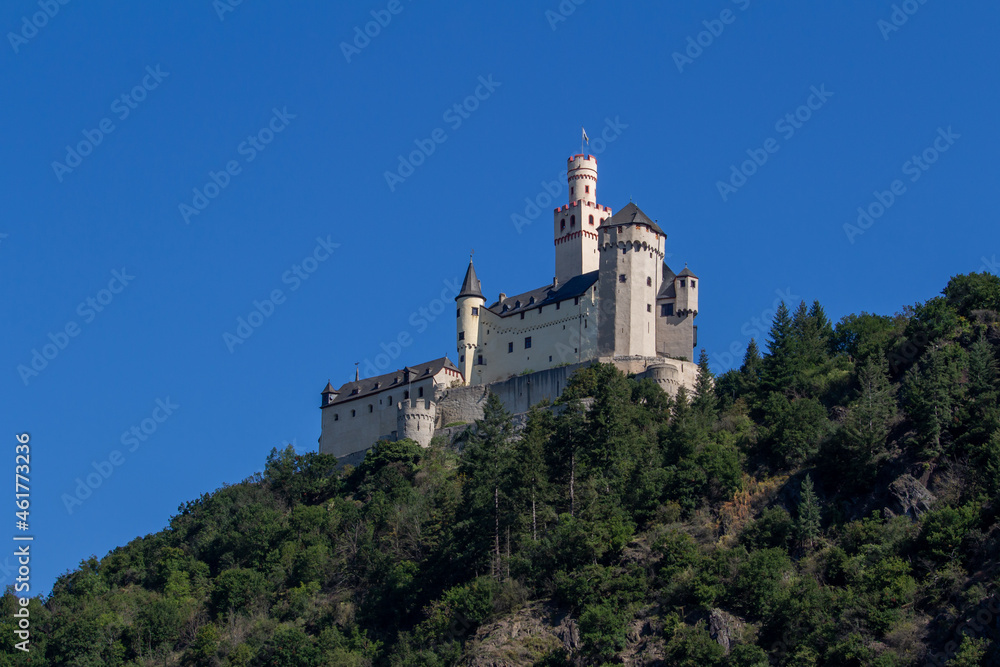 Marksburg Castle Castle landscape on the upper middle Rhine River near Braubach, Germany. Also called Burg Marksburg.