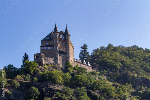 Katz castle landscape on the upper middle Rhine River near the village of Sankt Goarshausen, Germany. Also called Burg Katz.