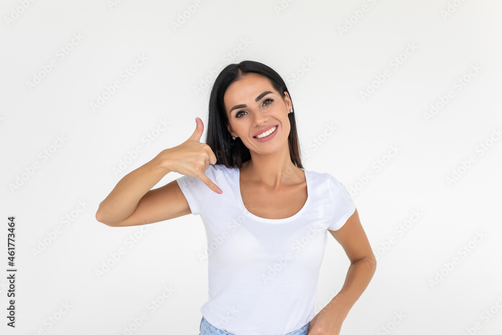 Young woman with calling sign isolated on white background Young woman with calling sign isolated on white background