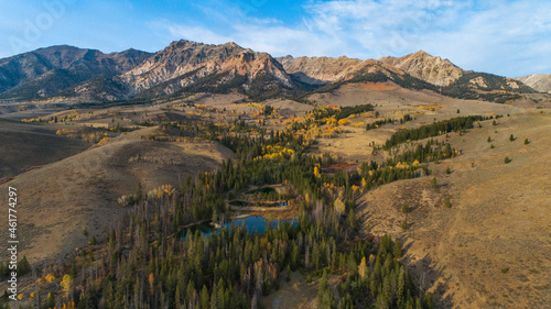 Drone aerial view of an aspen grove with beautiful fall colors and majestic mountain peaks and small lakes
