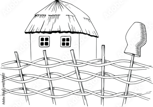 Vector illustration, traditional Ukrainian house, wattle and daub, ceramic pot. Sketch.
