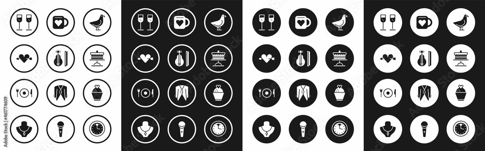 Set Dove, Violin, Amour with heart and arrow, Glass of champagne, Cake on plate, Coffee cup, Wedding cake and Plate, fork knife icon. Vector