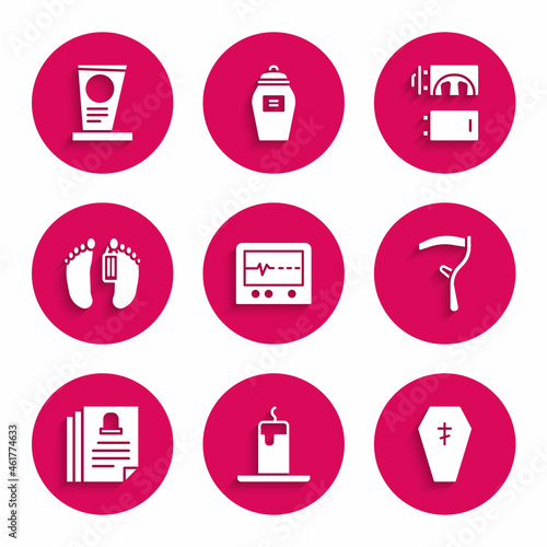 Set Beat dead in monitor, Burning candle, Coffin with cross, Scythe, Death certificate, Dead body, Crematorium and Grave tombstone icon. Vector
