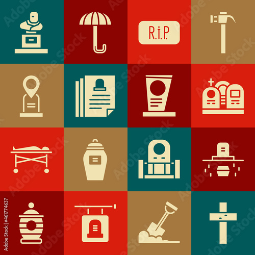 Set Christian cross, Grave with coffin, tombstone, Speech bubble rip death, Death certificate, Location grave, and icon. Vector