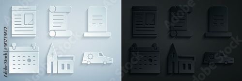 Set Church building, Grave with tombstone, Calendar death, Hearse car, Decree, parchment, scroll and Obituaries icon. Vector