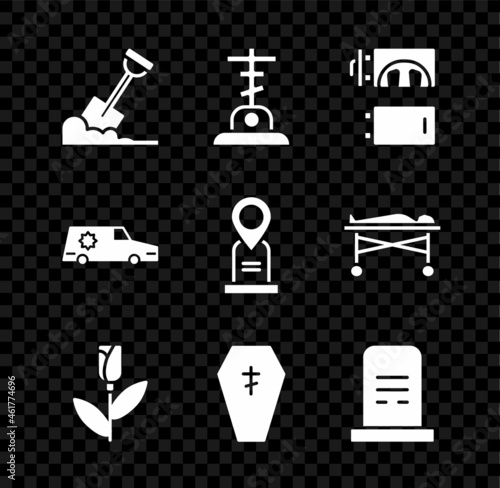 Set Shovel in the ground, Grave with cross, Crematorium, Flower rose, Coffin, tombstone, Hearse car and Location grave icon. Vector