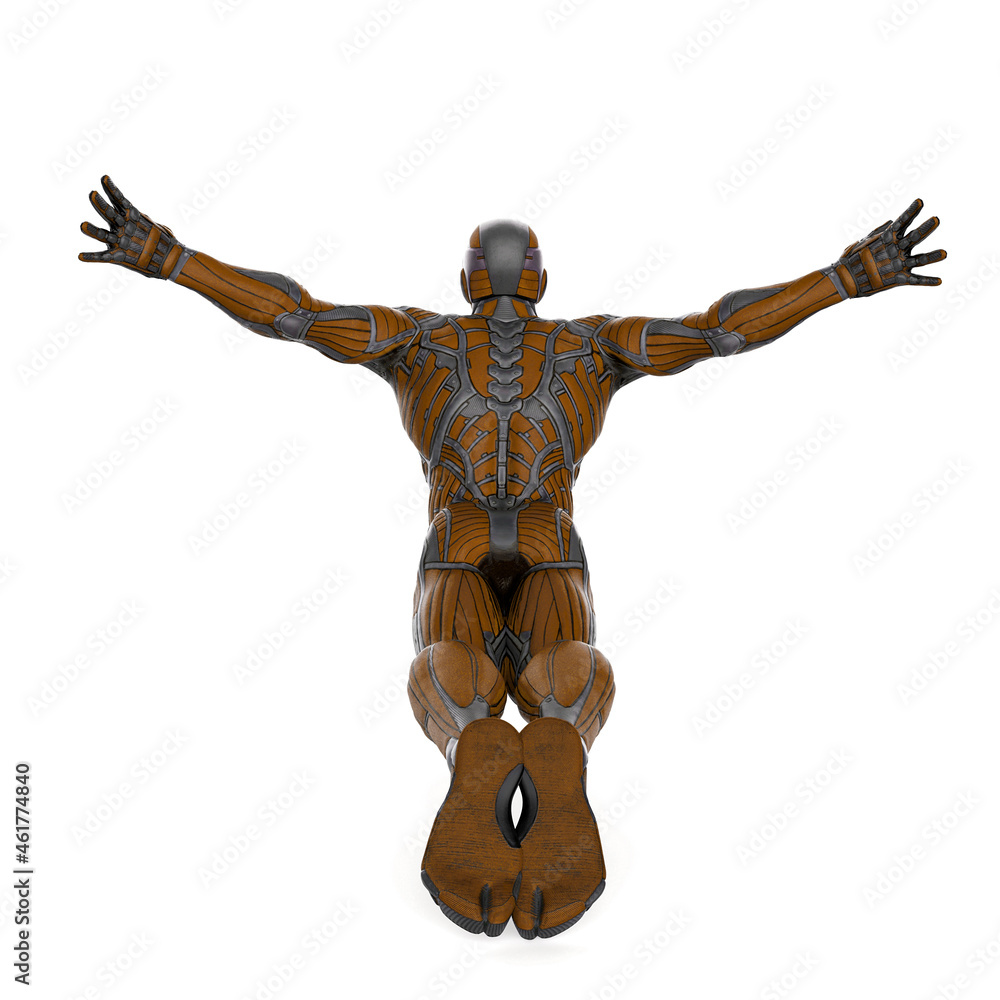 super hero in a exosuit is jumping rear view super hero in a exosuit is jumping rear view