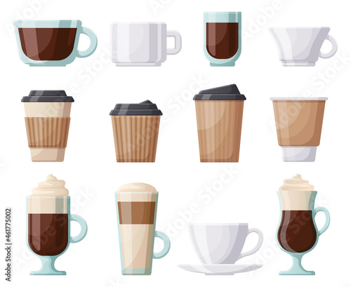Coffee hot drink cup, ceramic, plastic, paper coffee cups. Hot drinks coffee mugs, cafe, restaurant or take out coffee vector illustration set. Paper and glass coffee cup