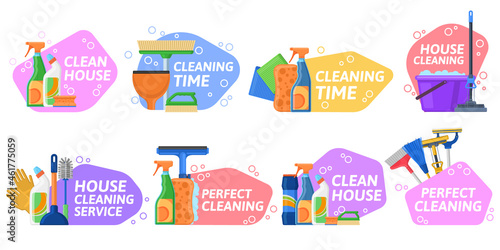 House cleaning services, household equipment emblems. Housekeeping supplies, detergents and cleaning equipment badges vector Illustration set. Cleaning tools labels