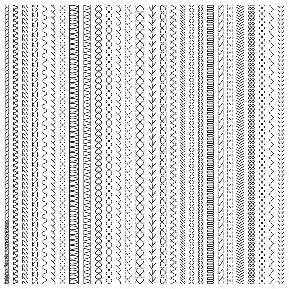 Sewing stitches, machine and hand sewing seam lines. Embroidery stitch border lines, sewing zigzag and wavy stripes vector illustration set. Stitched embroidery seams
