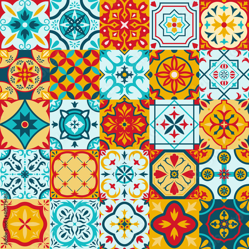 Mexican talavera, portuguese azulejo traditional ceramic tile patterns. Decorative ethnic ornament ceramic tiles vector illustration set. Patchwork folk pattern tiles