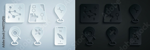 Set Location with cross mark, Car service, Search location, Compass mobile, City map navigation and Great Bear constellation icon. Vector