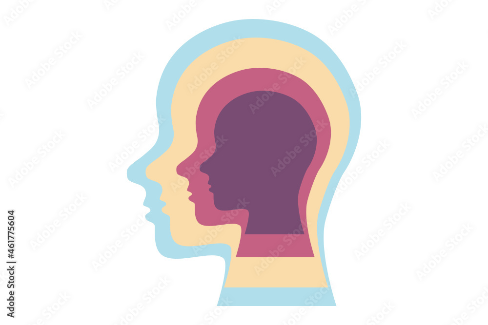 Asperger syndrome (AS), also known as Asperger's, a neurodevelopmental disorder illustration. A human head sillhouetted of different colors in a repetitive pattern. Asperger syndrome (AS), also known as Asperger's, a neurodevelopmental disorder illustration. A human head sillhouetted of different colors in a repetitive pattern.