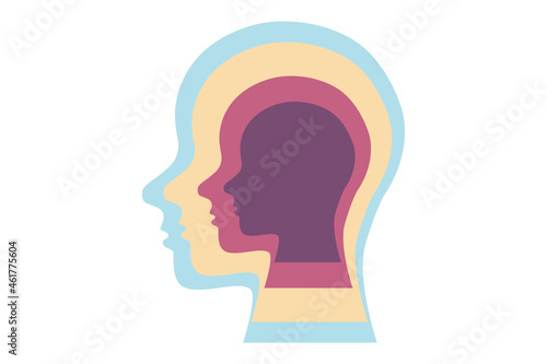 Asperger syndrome (AS), also known as Asperger's, a neurodevelopmental disorder illustration. A human head sillhouetted of different colors in a repetitive pattern. photo