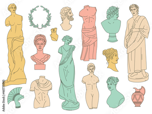 Ancient greek gods antique statues and antique sculptures. Antique gods marble heads, busts and monuments vector illustration set. Greek gods and goddesses statues
