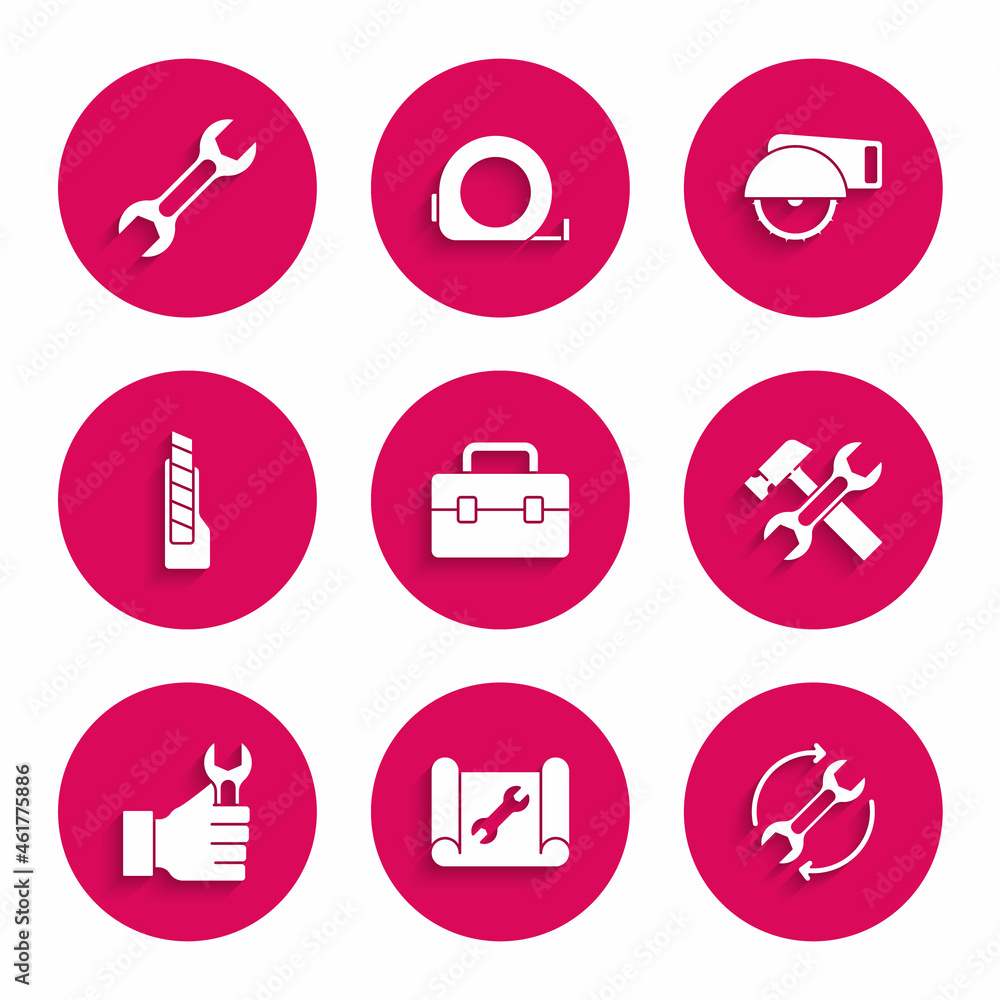 Set Toolbox, Graphing paper and wrench, Wrench arrows as workflow, Hammer, spanner, Stationery knife, Electric circular saw and icon. Vector Set Toolbox, Graphing paper and wrench, Wrench arrows as workflow, Hammer, spanner, Stationery knife, Electric circular saw and icon. Vector