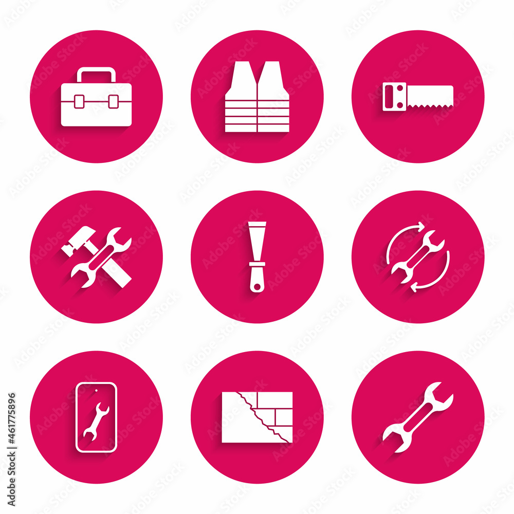 Set Putty knife, Bricks, Wrench spanner, and arrows as workflow, Mobile service, Hammer wrench, Hand saw and Toolbox icon. Vector Set Putty knife, Bricks, Wrench spanner, and arrows as workflow, Mobile service, Hammer wrench, Hand saw and Toolbox icon. Vector
